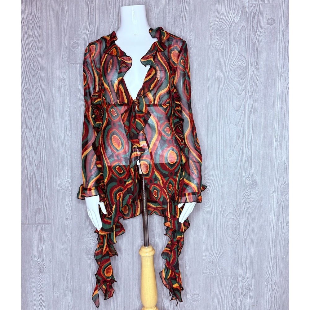 Truth nyc tie dye 70s inspiredd swirl long sleeve short blouse ruffle detail sm
